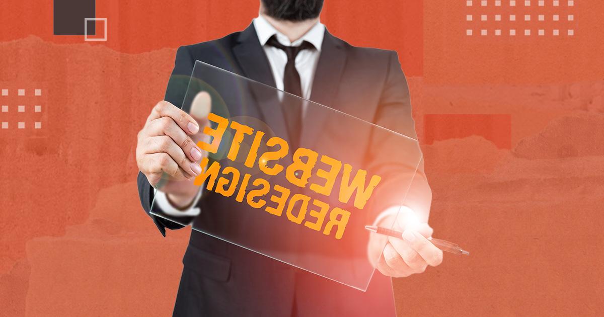 A stylized image of a person holding a sign that reads Website Redesign in all caps